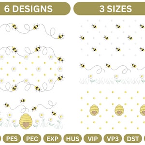 Può includere: Design digitali con sei motivi a tema api e tre opzioni di dimensioni. I disegni includono api volanti, fiori e un alveare. L'immagine ha il testo "6 DESIGNS" e "3 SIZES" in un ovale dorato.