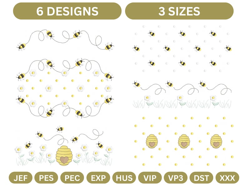 Bee Embroidery Design Set | 6 Beehive & Daisy Border Patterns | 3 Sizes ...