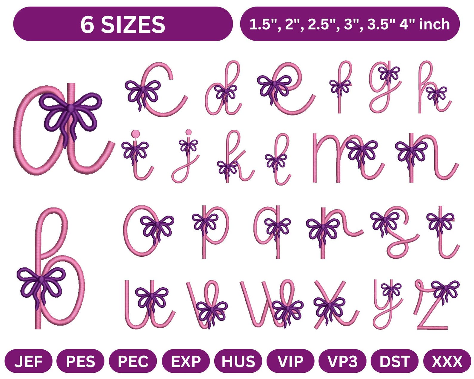 Bow Lettering Bow Alphabet Embroidery Font – Elegant Pink Letters With Purple Bows ...