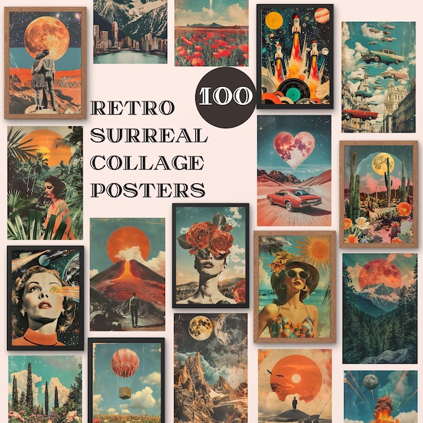 Arte del collage surreale, arte della parete collage retrò, arte della parete vintage, arte della parete surrealista, arte Trippy, cosmico, poster degli anni '60, stile retrò