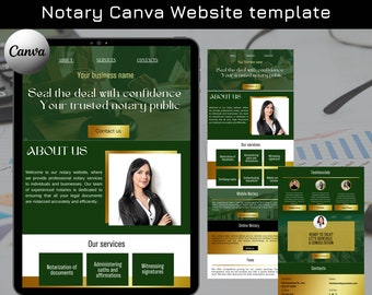 May include: A green and gold website template for a notary public business. The template features a photo of a woman in a black blazer, a section about the business, a list of services, and a contact form. The text on the template reads "Seal the deal with confidence. Your trusted notary public."