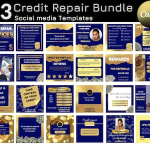 Pacote de panfletos de reparo de crédito, ouro azul, modelos de reparo de crédito, postagem em mídia social de reparo de crédito, citações, ouro azul