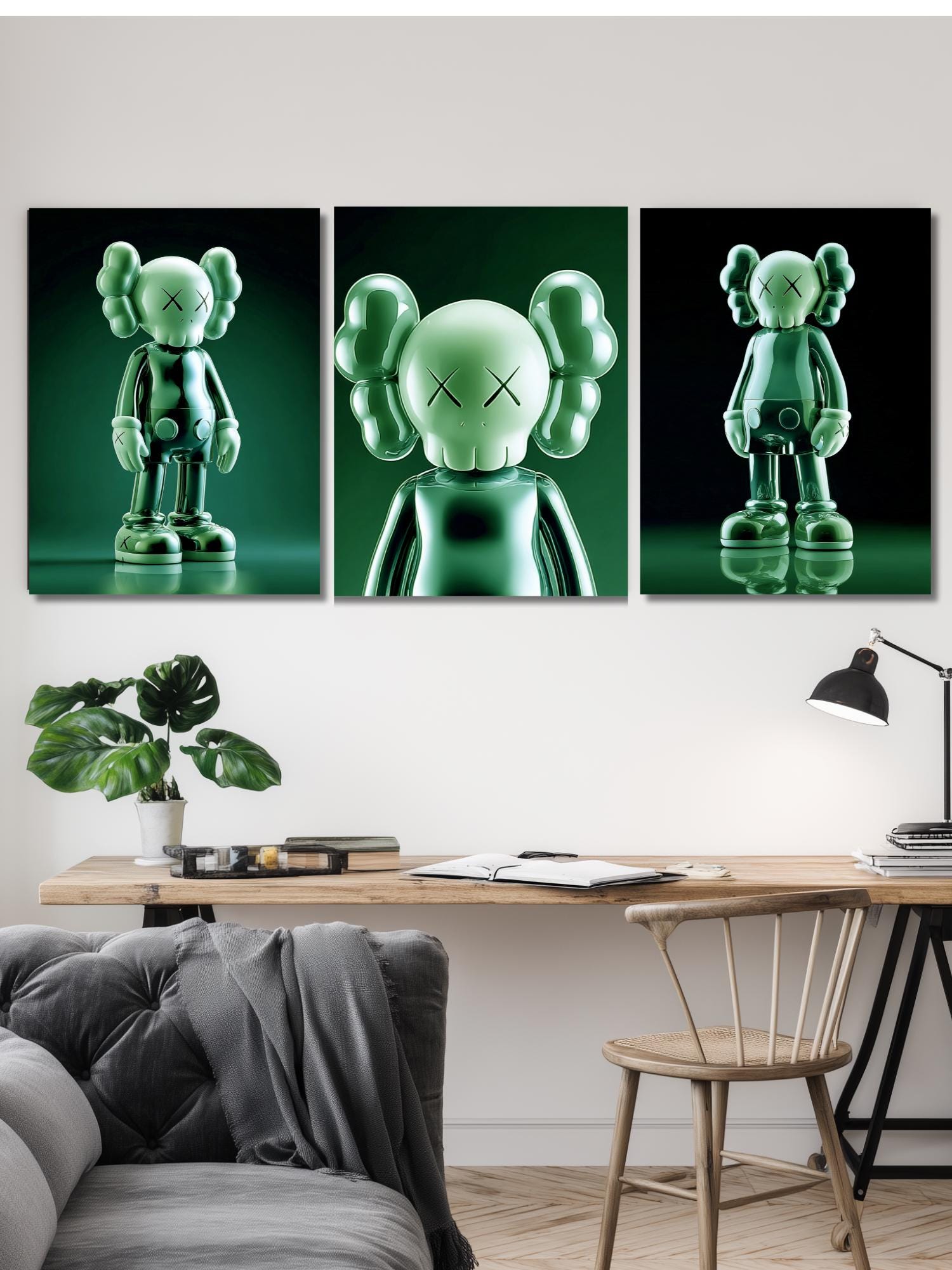 Kaws Poster Green, Hypebeast Wall Decor, Chrome Art Prints, Set of