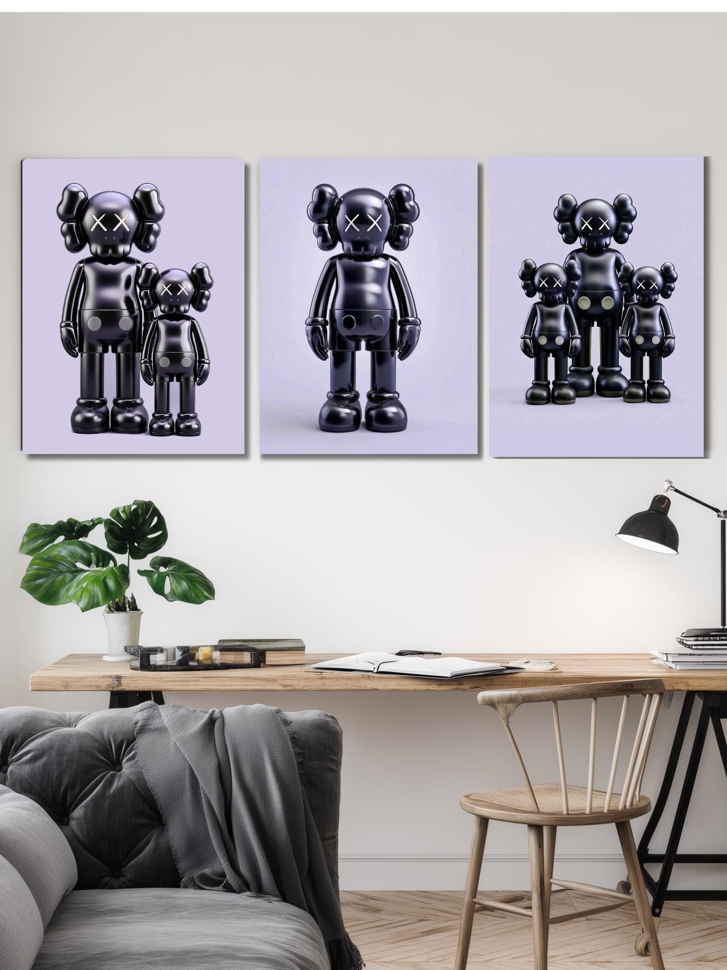 KAWS Poster Family Black Purple, Set of 3, Hypebeast Figure Wall