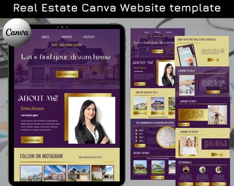 May include: A purple and gold website template for a real estate agent. The template features a photo of a house, a photo of the agent, and text that says "Let's find your dream home".