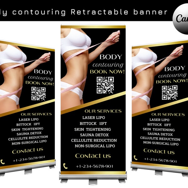 Body Sculpting Retractable banner template, Body Contouring  Black Gold