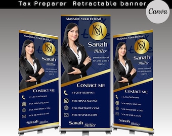 Tax Preparer Retractable Banner Template, Blue and Gold Design (Canva)