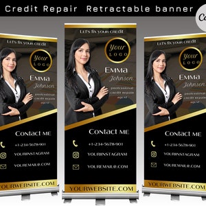 DIY credit repair retractable banner template, Credit repair roll up banner, Editable in canva, Black gold