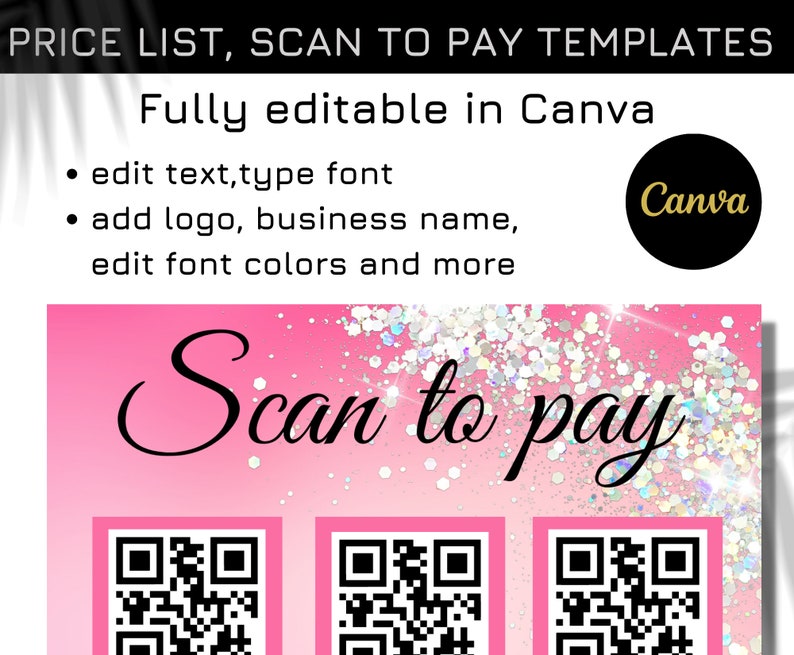 Pink Glitter Scan to Pay Sign, Editable QR Code Template - Etsy