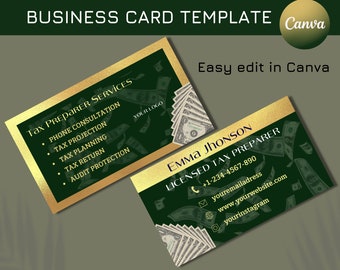 Modello di biglietto da visita per preparatore fiscale verde e oro (fai da te con Canva)