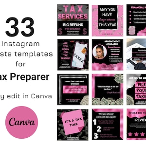 Tax Prep flyer Bundle, Tax Prep Instagram, Tax Social Media Post template, Black Pink, Girly, Glam