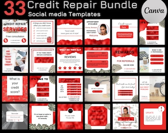 Credit Repair Social Media Templates, Red and White Canva Bundle