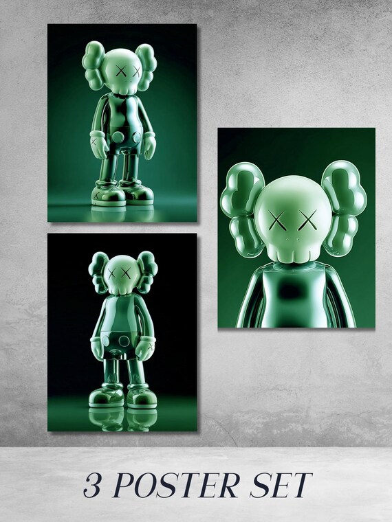 Kaws Poster Green, Hypebeast Wall Decor, Chrome Art Prints, Set of