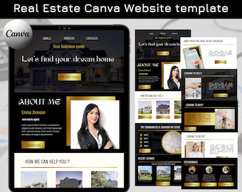 May include: A black and gold website template for a real estate agent. The template features a photo of a woman, a map of the area, and listings of homes for sale. The text on the website says "Let's find your dream home" and "About Me".
