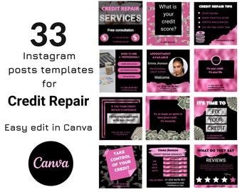 May include: A set of 33 Instagram post templates designed for credit repair businesses. The templates feature a black background with pink accents and images of money. The text on the templates includes phrases such as "Credit Repair Services", "Fix Your Credit", and "Take Control of Your Credit".