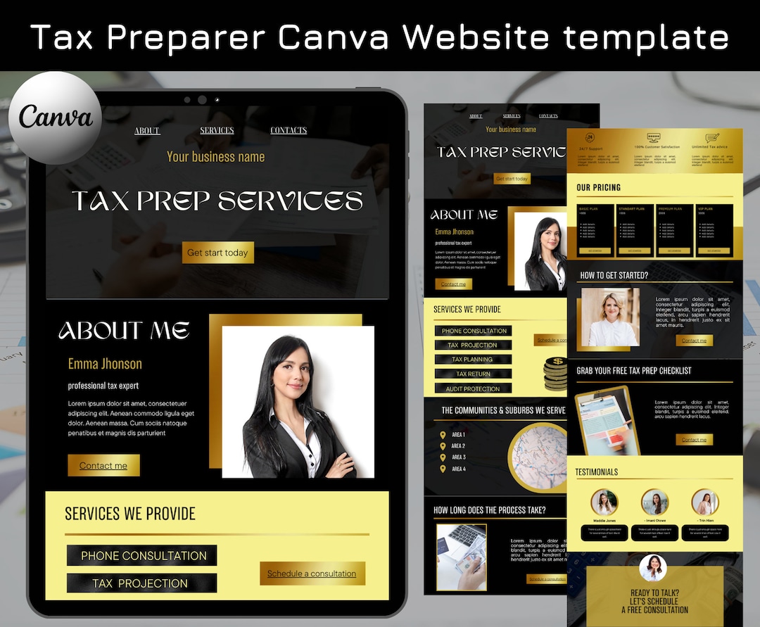 tax-prep-canva-website-template-accountant-one-page-website-tax-prep-landing-page-black-gold-etsy