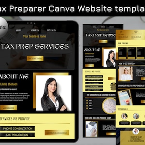 Modelo de site Canva de preparação de impostos, site de uma página do contador, página inicial de preparação de impostos, Black Gold