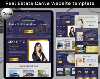 May include: A website template for real estate agents using Canva. The template features a blue and gold color scheme with images of houses and a real estate agent. The text on the website says "Let's find your dream home" and "About Me".