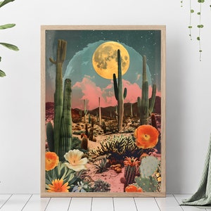 Surreale Wüstenlandschaft Kaktus Art Print, Retro Surreal Poster, Retro Collage ARt, Vintage Collage ARt, Bunt