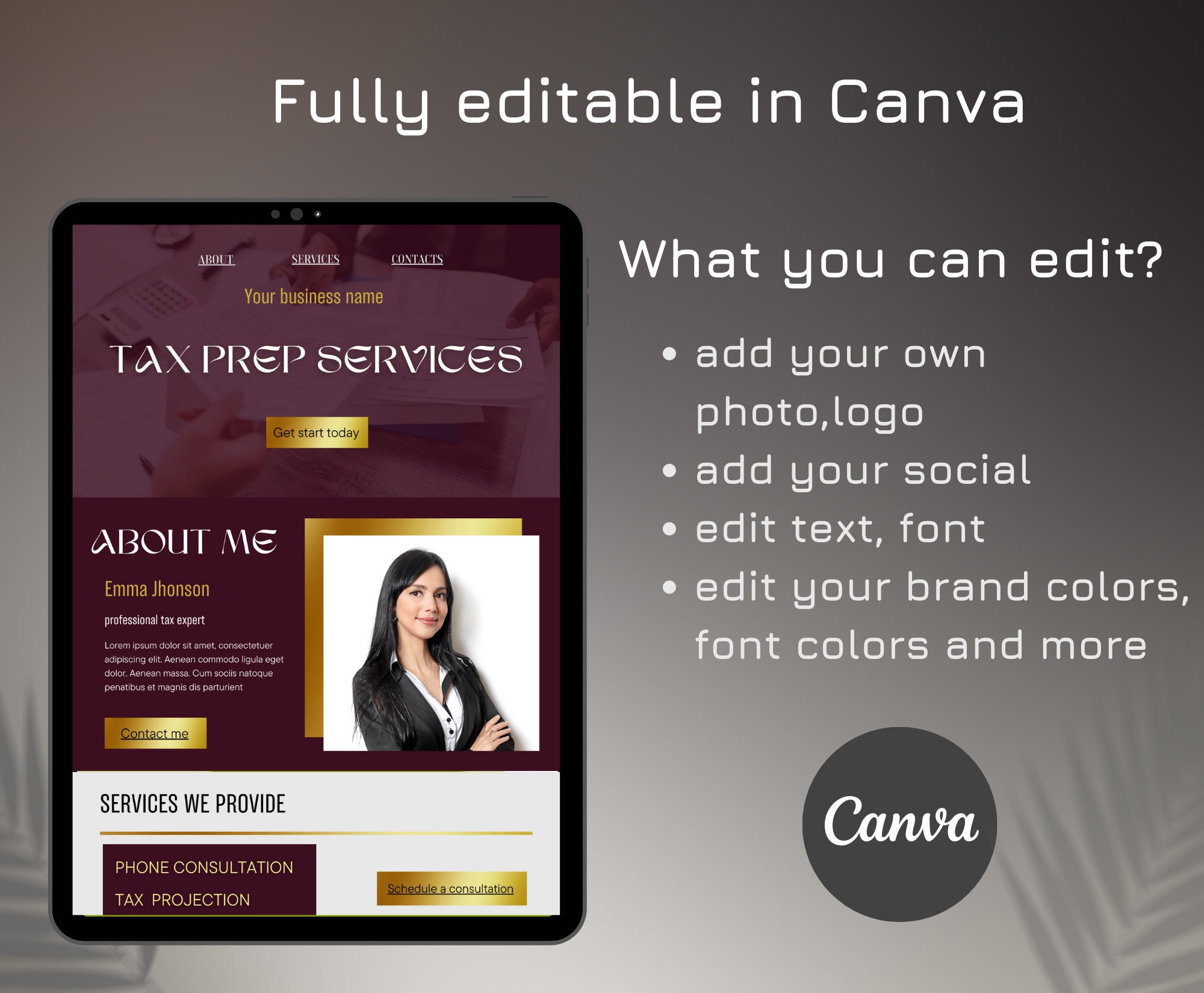 tax-prep-canva-website-template-accountant-one-page-website-tax-prep-landing-page-black-gold-etsy