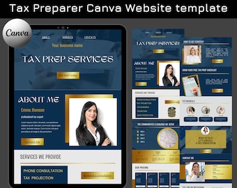 Blue Gold Tax Preparer Website Template, Canva Editable Design