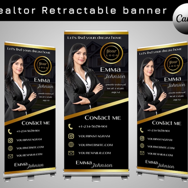 Retractable Banner template fo real estate agent, Realtor Roll Up Banner Design, Canva Retractable Banner  Black gold