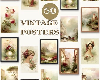May include: A collection of 50 vintage posters featuring romantic and classical art. The posters showcase portraits, landscapes, and still life compositions, with a soft color palette and framed in various styles. The central text reads "50 Vintage Posters."