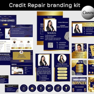 Kredietreparatiekit, landingspagina voor kredietreparatie, kredietbrandingbundel, marketingsjablonen, blauw, Instagram-post, link in bio, visitekaartje
