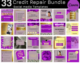 Pode incluir: Uma coleção de 33 modelos de mídia social para serviços de reparação de crédito. Os modelos apresentam um esquema de cores roxo e dourado com imagens de dinheiro, calculadoras e uma mulher. O texto nos modelos inclui frases como "Serviços de reparação de crédito", "O bom crédito nunca sai de moda" e "Deixe-nos resolver seus problemas de crédito ruim".