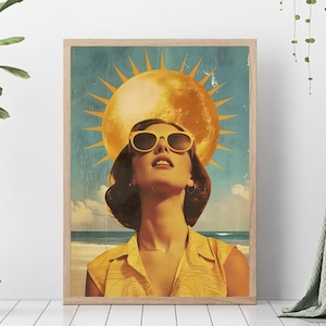 Retro surreal collage with sun-kissed beach and a stunning woman, Surreal  collage, Art print,