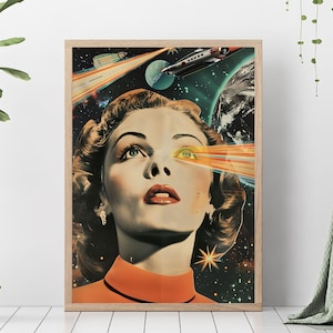 Surreal art Print with Woman Space, Vintage Retro Surrealism Wall Art Home Decor