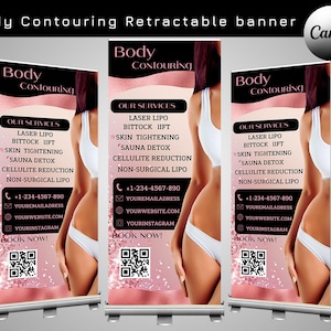 Body Sculpting retractable banner template, Roll up banner body contouring, Pink Black