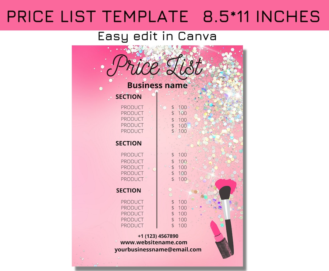 Makeup Artist Price List Template Pink, Beauty Salon Pricelist Editable 
