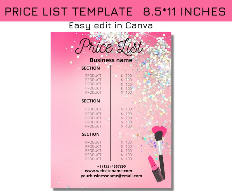 Makeup Artist Price List Template Pink, Beauty Salon Pricelist Editable