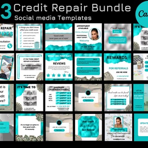 Credit Repair  Flyer Bundle, Credit repair Instagram Post templates, Credit repair Social media templates, White Teal