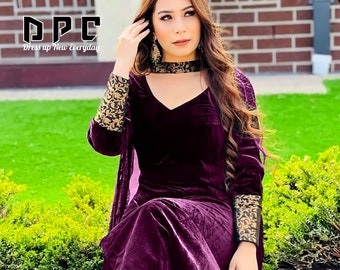 Winter Special Velvet Fabric Straight Kurti Palazzo With Dupatta Set, Fully Stitched Party Wear Salwar Kameez Dress, Pakistani Wedding Kurta