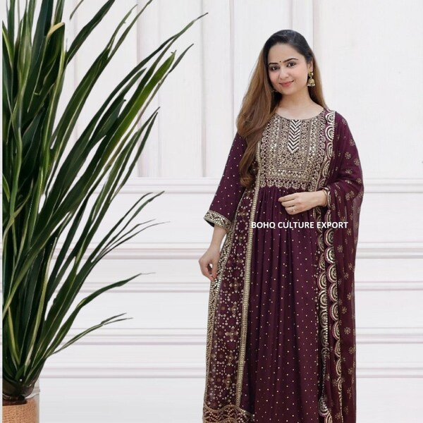 Ensemble Salwar Kameez & Dupatta entièrement cousu en rayonne, robe palazzo indienne Kurti, ensemble pantalon Kurta Dupatta à imprimé floral pour femmes, tenues de soirée