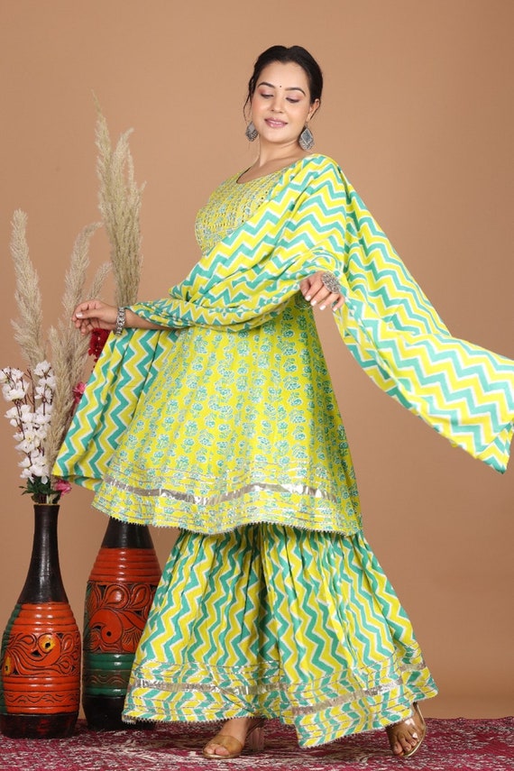 Yellow Partywear Sequins Embroidered Pure Viscose Kurti Sharara Set