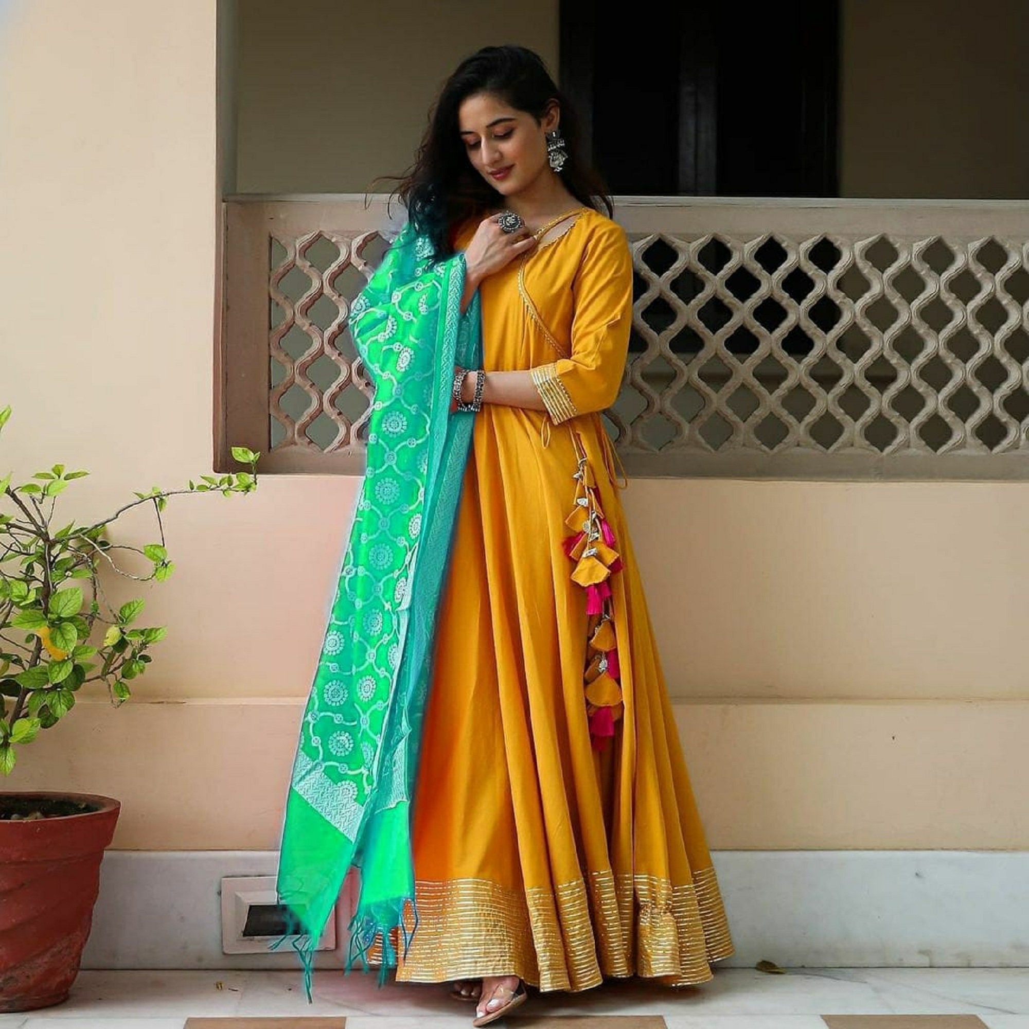 Yellow Color Long Anarkali Rayon Fabric Gota Lace Gown With
