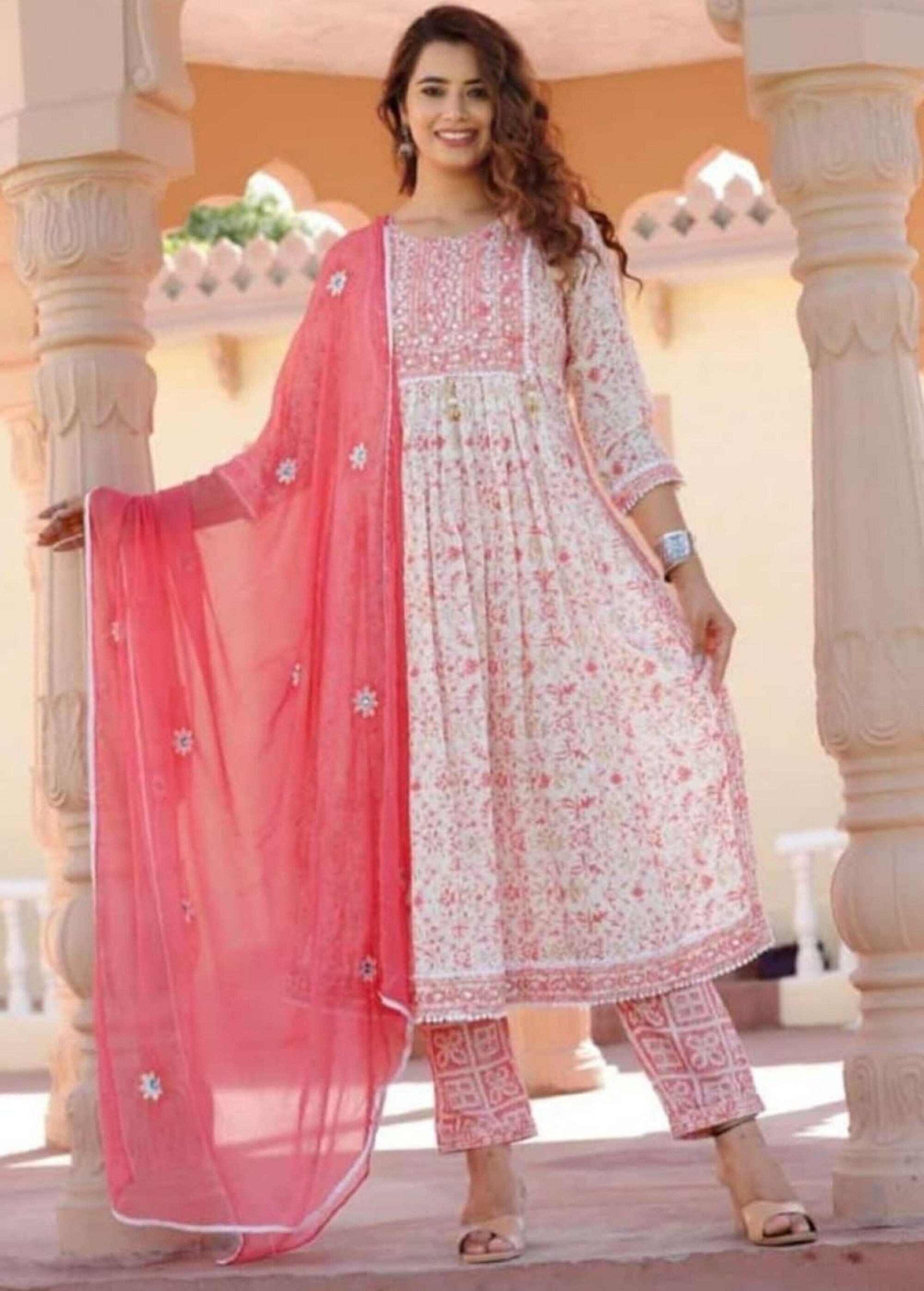 Baby Pink and Grey Cotton Kurti with Palazzo and Dupatta – Thogai