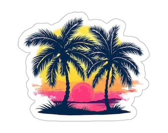 Pegatina de palmera al atardecer: calcomanía tropical para portátil, estilo veraniego