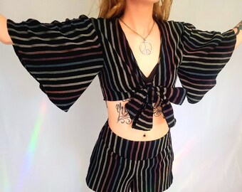 Tie Front Crop Top With Bell Sleeves Black Rainbow Stripe