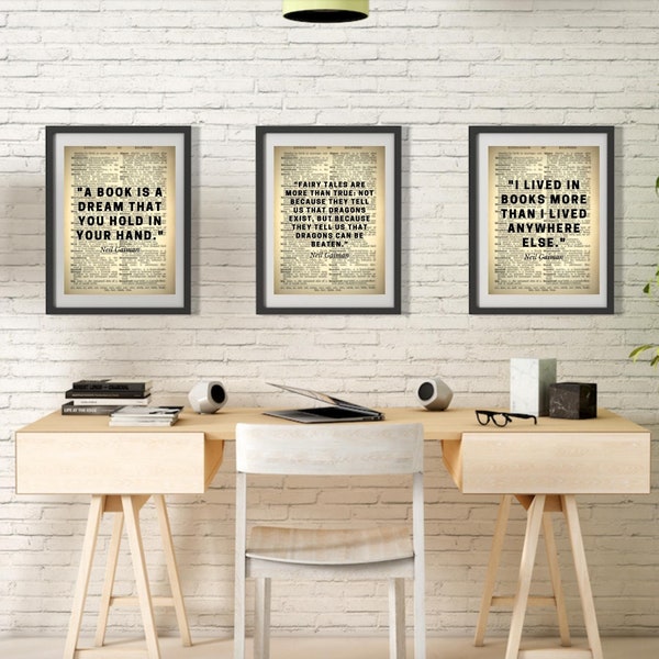 Neil Gaiman Literary Quotes, Set of 3, Banners AND Posters, Printable, Digital, Vintage Dictionary, Classroom Decor, BOHO, English, Library