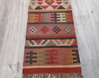 Handgefertigter Kelim-Läufer für Wohndekoration/ handgewebter Läufer aus Wolle und Jute, Boho-Teppich, Vintage-Kelim-Teppich, individueller Kelim-Läufer, 2 x 8, 2 x 10 Fuß