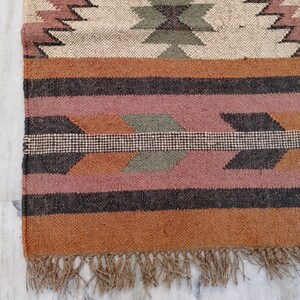Kilim runner Handwoven Wool Jute Rug Handmade Kilim Dhurrie Rug, Motifs Oriental Traditional Indian Geometric Turkish Home decor image 3
