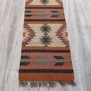 Kilim runner Handwoven Wool Jute Rug Handmade Kilim Dhurrie Rug, Motifs Oriental Traditional Indian Geometric Turkish Home decor image 2