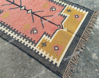 Wool Kilim Rug, Handwoven large Area Rug, Kilim Jute Rug, Outdoor living Room Rug, Bohemian Rug, Indian Dhurrie Traditional Rug,Kilim Rug,