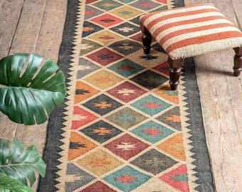 Tappeto Kilim Runner fatto a mano, Runner in lana e iuta intrecciato a mano, Tappeto Boho, Tappeto Kilim vintage, Runner Kilim personalizzato, Runner per grandi aree