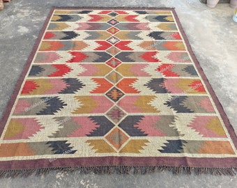 Handmade Area Kilim Rug, Wool Jute Kilim Rug, Flatweave Rug,Bohemian Rug,Indian Dhurrie Rug,Navajo Kilim Rug,Custom Rug,Aztec Rug,Accent Rug