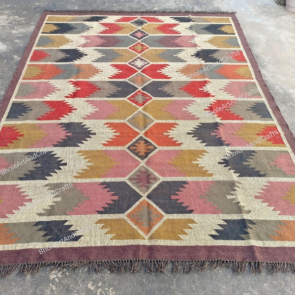 Handmade Area Kilim Rug, Wool Jute Kilim Rug, Flatweave Rug,Bohemian Rug,Indian Dhurrie Rug,Navajo Kilim Rug,Custom Rug,Aztec Rug,Accent Rug